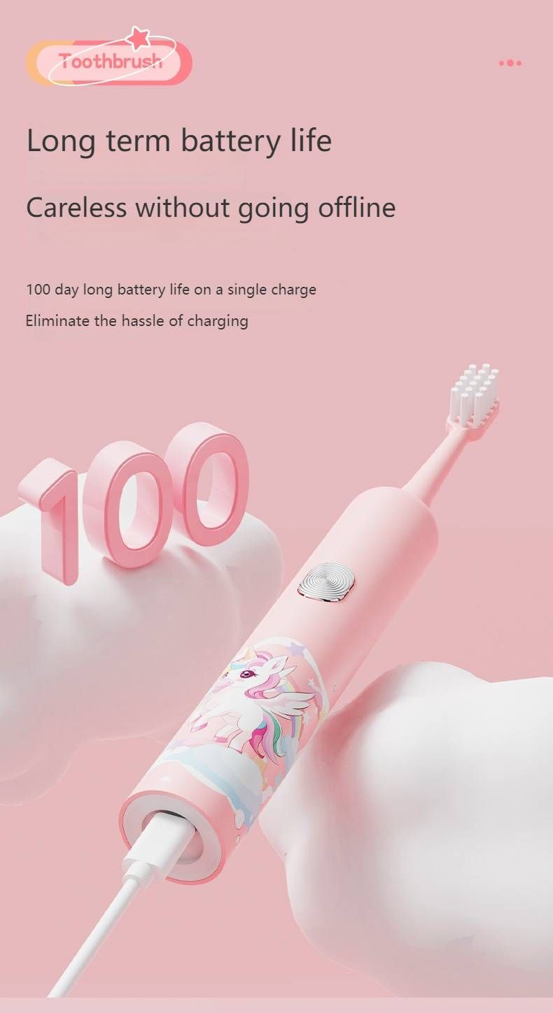 Cepillo de dientes eléctrico para niños con 5 modos, cerdas suaves y carga USB - Diseño de dibujos animados (blanco, amarillo, azul, rosa)_voghion.com
