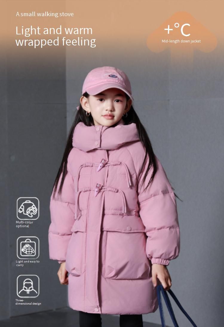 Langer Puffermantel für Mädchen – Trendige Winterjacke mit 50 % weißen Entendaunen (120–160 cm, 3 Farben, Kapuzendesign im koreanischen Stil)_voghion.com