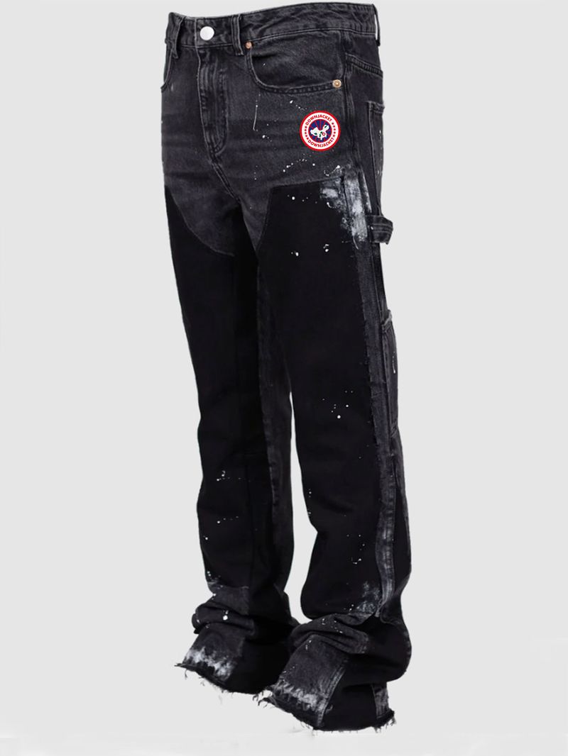 Men's Distressed Patchwork Flare Jeans - Stretch Denim Workwear Pants With Artisan Detailing, Wide-Leg Streetwear_voghion.com