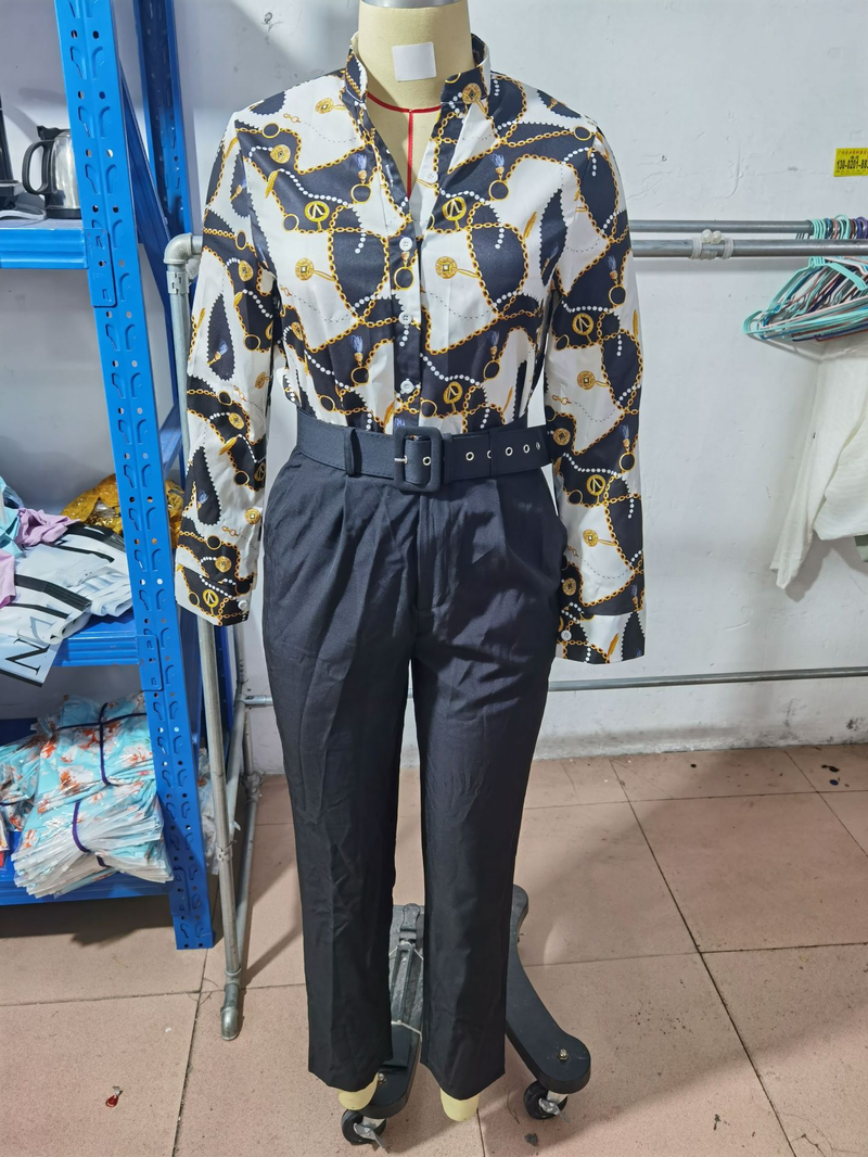 Damenmode-Modedruck-Langarmoberteil einfarbiges Hosenset mit Gürtel_voghion.com