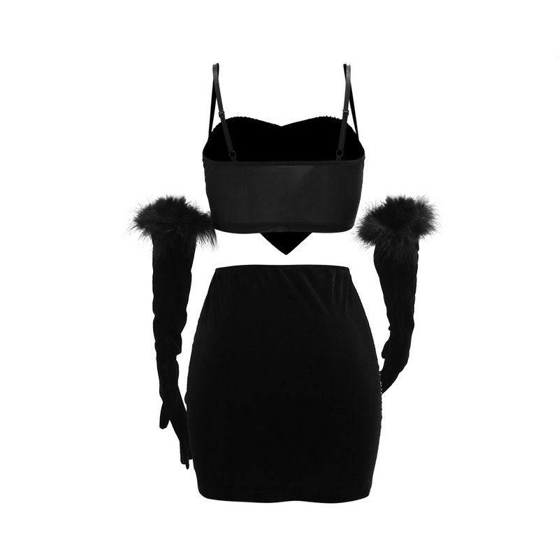 Completo composto da top corto con spalline e minigonna con strass e guanti - Completo sexy in due pezzi per donna_voghion.com