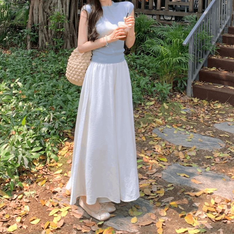 2025 Summer New Style Matching Blue Lace-Up T-Shirt Women's Loose Wide-Leg Skirt Pants Two-Piece Set_voghion.com