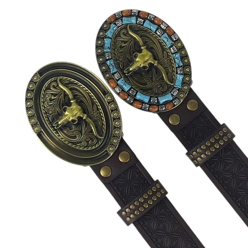 Ceinture en cuir PU style punk pour homme, style western, tête de taureau sculptée, tendance, pour jeunes_voghion.com