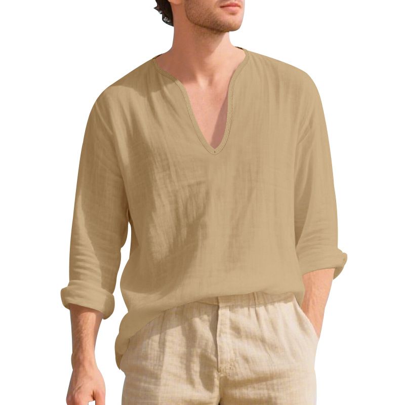 Maglietta a maniche lunghe da uomo in lino, casual, traspirante, con scollo a V, taglia grande, nuova collezione autunno-inverno_voghion.com