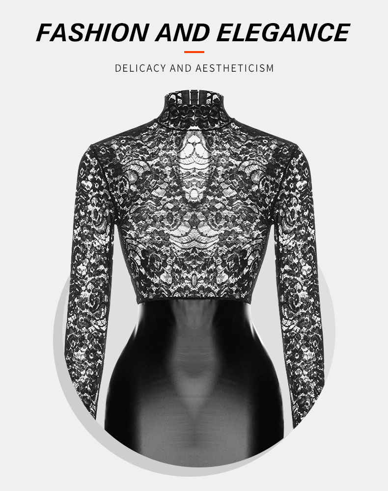 Women's fashion stretch lace backless high neck long sleeve leather skirt nightclub party bag buttocks_voghion.com