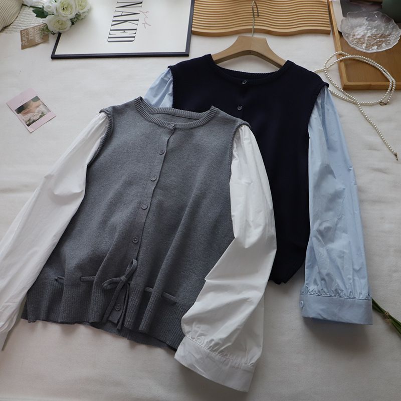 Camicia a maniche lunghe elegante e versatile in due pezzi, stile coreano, lavorata a maglia, patchwork, color-block, autunno 2025, per donna_voghion.com