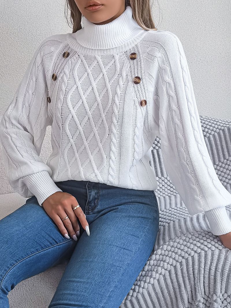 Maglione pullover da donna alla moda, con collo alto, maniche a lanterna, in maglia a trecce, casual, tinta unita, autunno inverno 2025_voghion.com