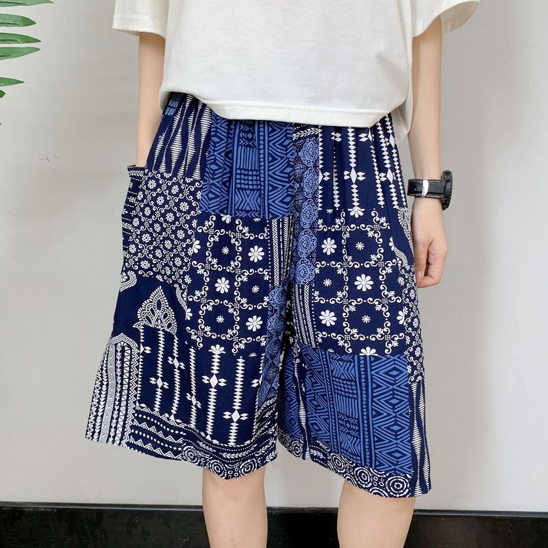 Men's Sleep Cotton silk pajama pants men's thin plus-size casual breathable flower pants five quarter pants_voghion.com