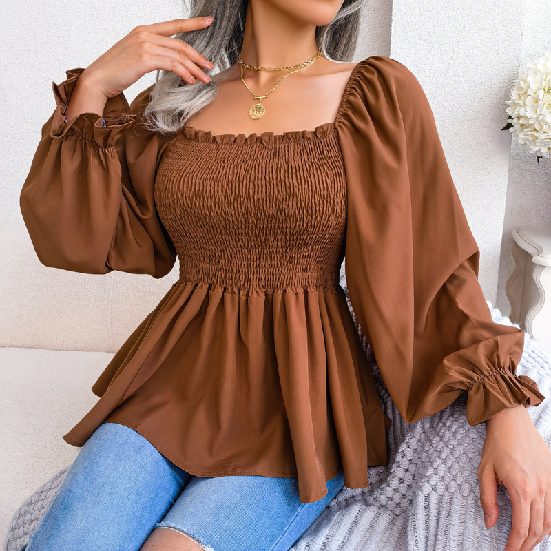 Camisa sólida para mujer, Tops informales con cuello cuadrado y manga larga de gasa con orejas de madera_voghion.com