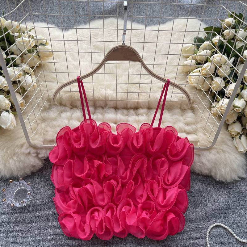 Women's summer new heavy mesh three-dimensional flower high waist short camisole pure desire chic wrap chest top_voghion.com