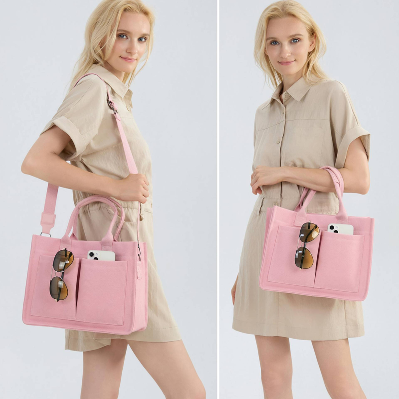 Borsa tote in tela grande per donna, con tasche, borsa a tracolla per laptop_voghion.com