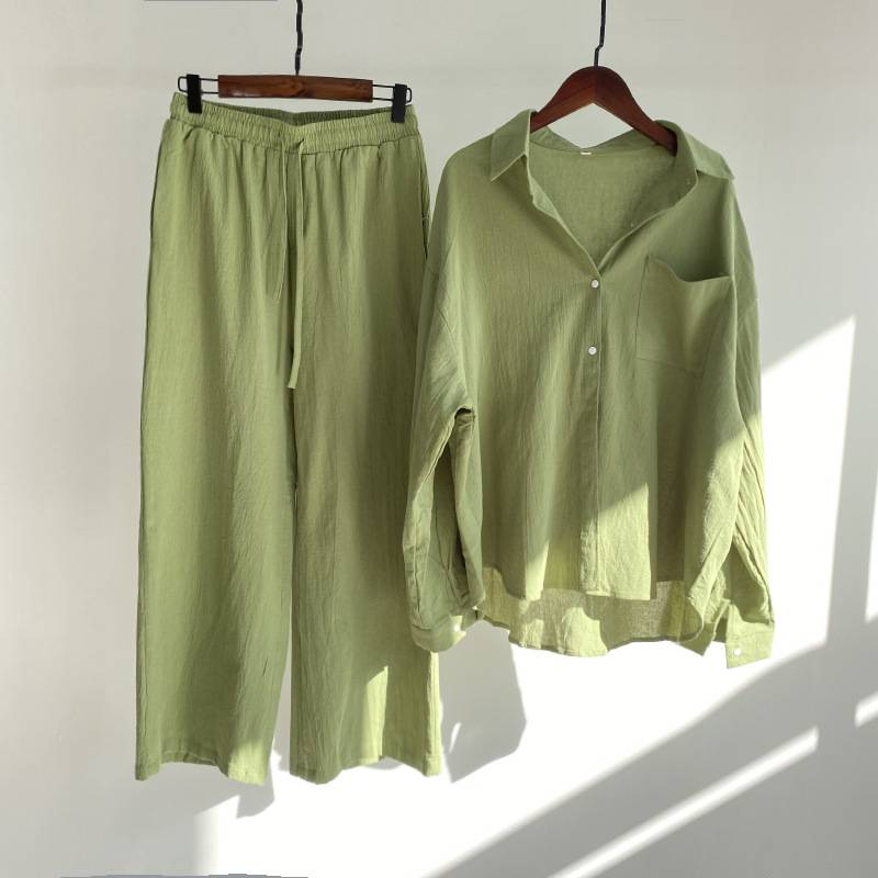 Completo da donna in due pezzi, pantaloni e camicia retrò, 2024, primavera estate, moda, camicia a maniche lunghe in cotone e lino, completo casual da donna_voghion.com