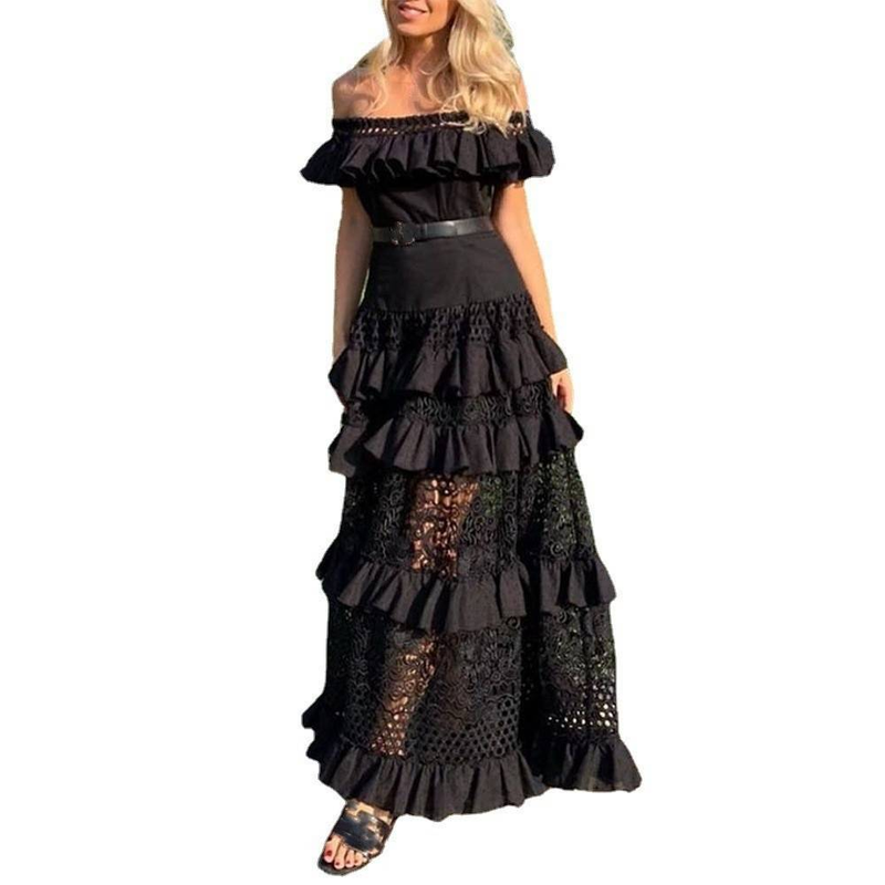 Damenbekleidung Einschultriges Rüschen Hohl Großes Swing Spitzenkleid Langer Rock_voghion.com