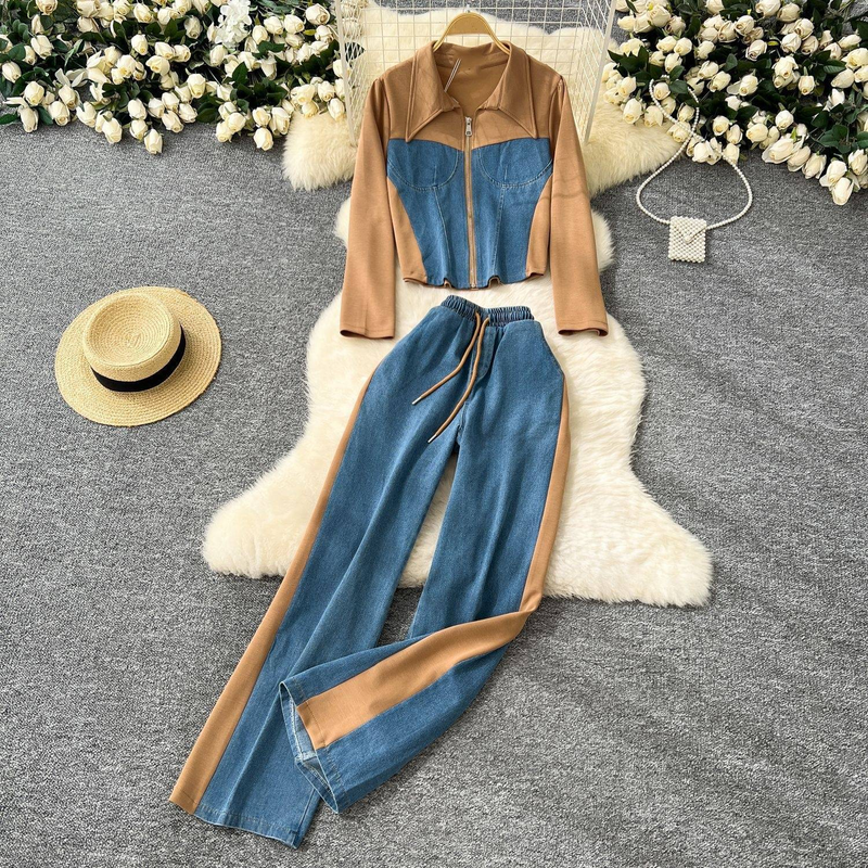 Design de roupas femininas lapela manga comprida patchwork denim top jaqueta feminina cintura alta perna larga calças terno_voghion.com