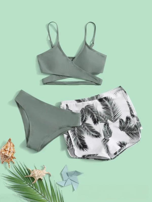 Női ruházat Divat Szexi Bikini Bikini Többszínű Tollmintás Dupla Nadrág Háromrészes Női Fürdőruha_voghion.com