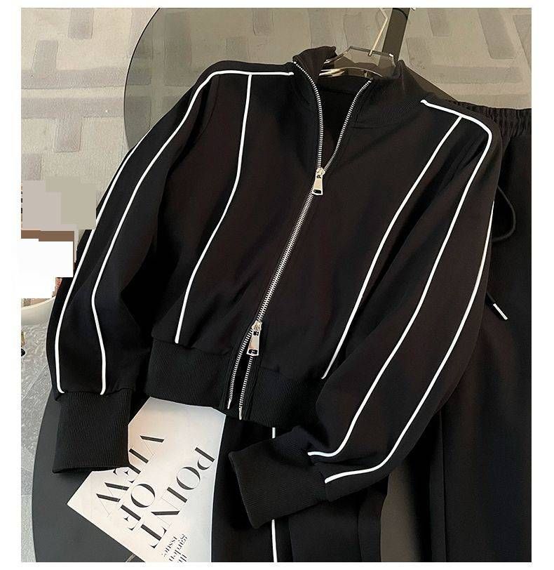Dames sportpak mode casual leeftijdsverminderende stijlvolle rits sweatshirt wijde pijpen broek tweedelig set_voghion.com