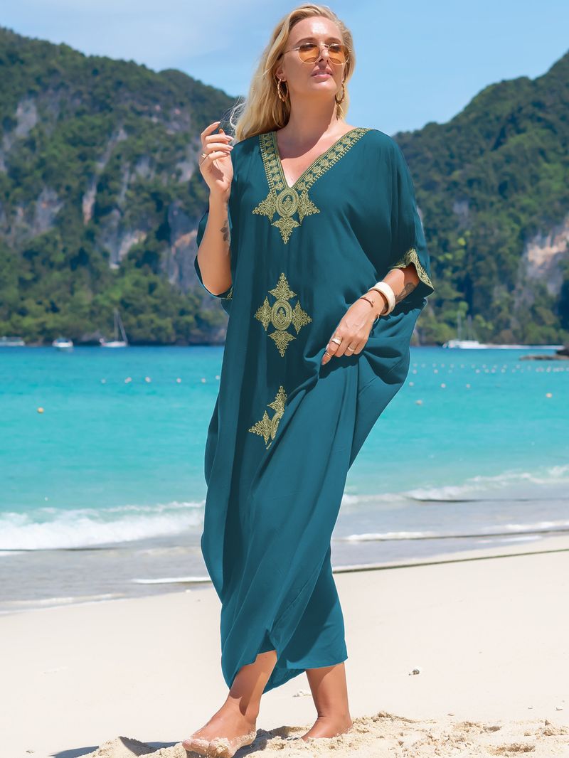 Damenbekleidung, besticktes Strandkleid aus Baumwolle, besticktes Urlaubs-Bikini-Überzug_voghion.com