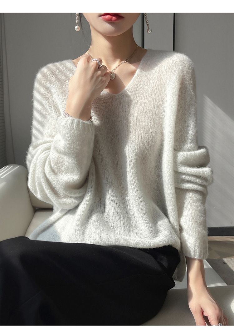 Pull col V en cachemire et soie sans coutures pour femme – Haut en tricot oversize aux couleurs pastel douces_voghion.com