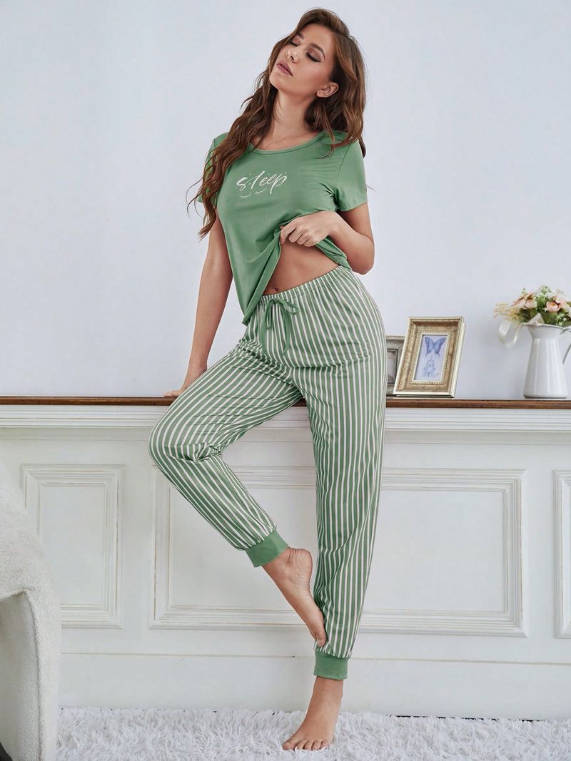 Vêtements de nuit pour femmes vêtements de maison en soie de lait à manches courtes leggings à rayures blanches pantalons lettre imprimée T-shirt pull pyjama pour femmes_voghion.com