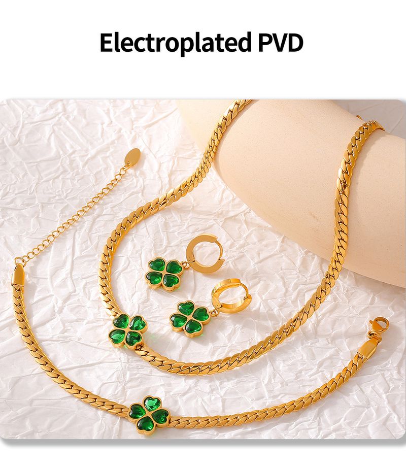 Four Leaf Flower Love Glass Stone Set Stainless Steel Earrings Necklace Bracelet Three Piece Set_voghion.com