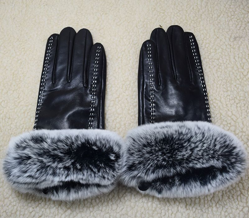 Hebei Genuine Leather For Women Winter Fleece-Lined Fingerless Touchscreen Rabbit Fur Double-Line Handmade Sheepskin_voghion.com