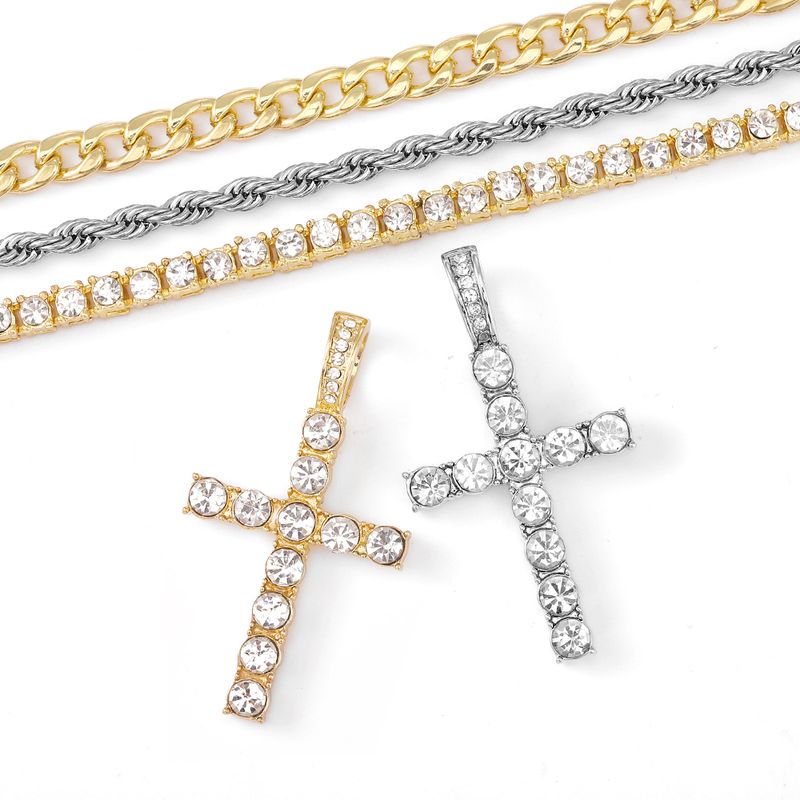 Iced Out Cross Hanger Ketting Met 4mm Tennisketting Religieuze Bedel Vol Strass Bling Hip Hop Sieraden voor Mannen en_voghion.com