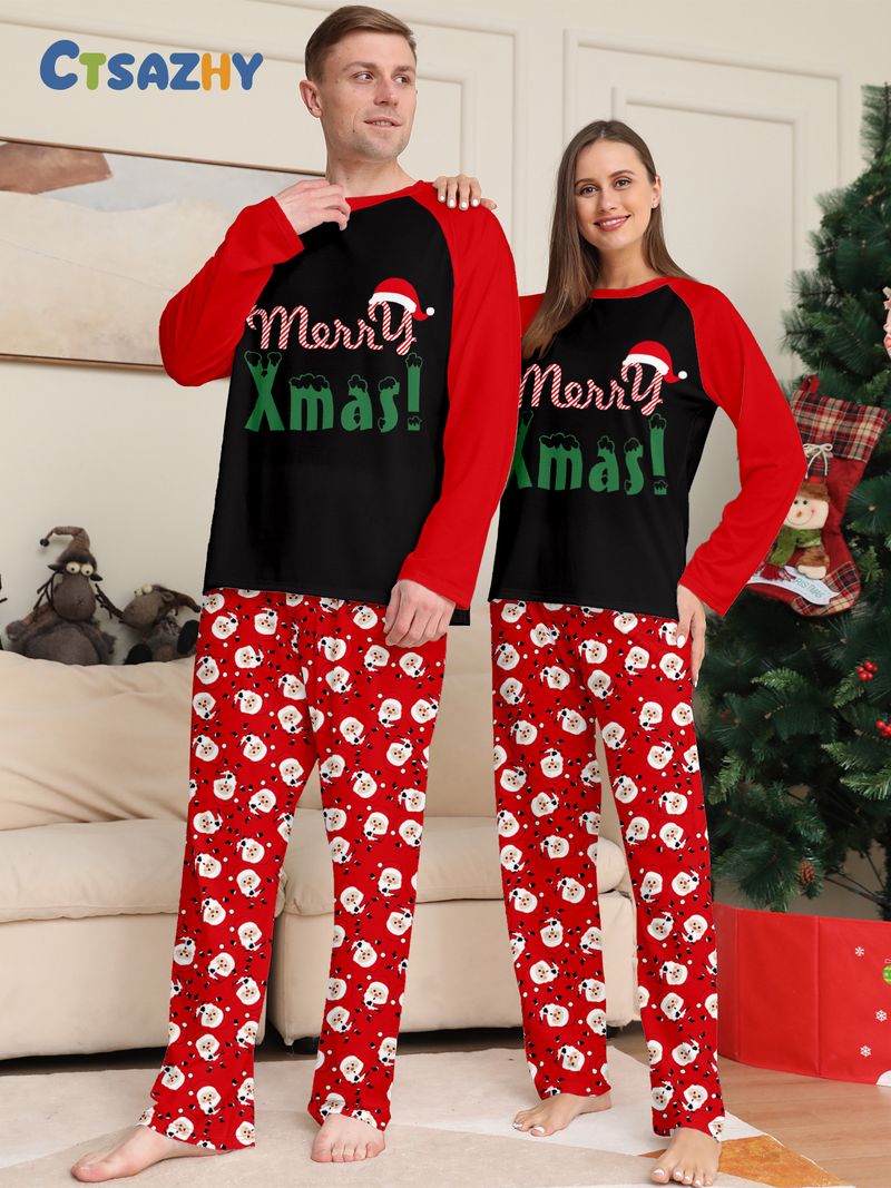Parent Child Home Clothes Christmas Hat Letter Print Long Sleeve Santa Claus Cartoon Print Trousers Pajamas Set_voghion.com