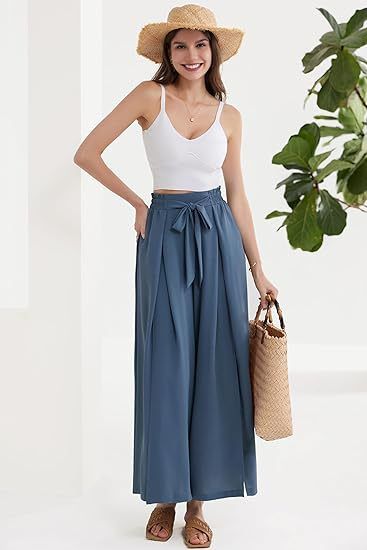 Calça Palazzo Feminina Leve, Casual, de Cintura Alta, com Bolsos e Fenda - Calça Larga e Flutuante para o Verão_voghion.com