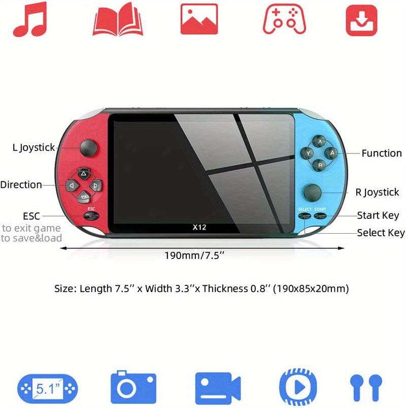 Przenośna 5.1-calowa przenośna gra X12 hine Retro gra wideo hine prezenty dla dzieci Nostalgia Player klasyczna gra hine Retro_voghion.com