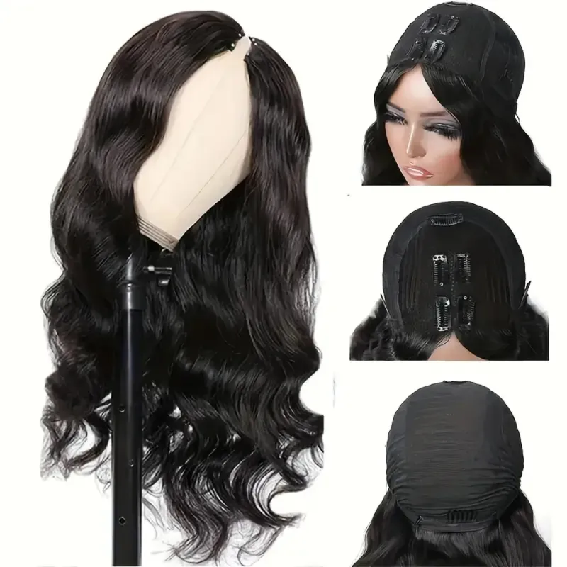 Pelucas de cabello humano con ondas corporales y parte en V, peluca brasileña Remy con clip para mujer_voghion.com