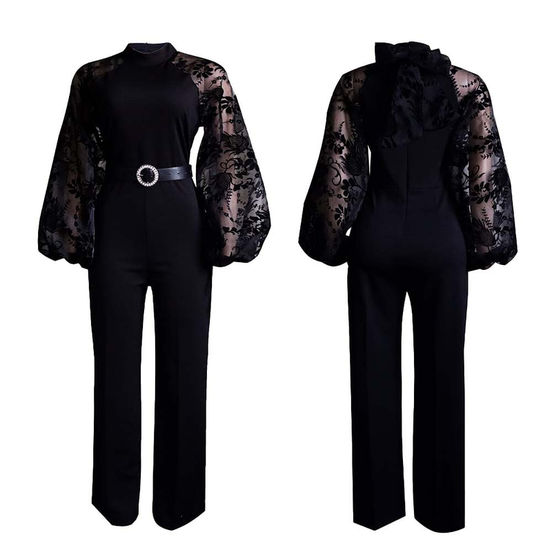 Women's Clothing Free Belt Stand Collar Mesh Lantern Sleeves Slim Large Size Women's African Wide Leg Jumpsuits_voghion.com