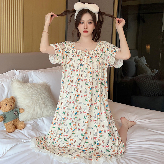 Milchseide Kordelzug Nachtwäsche Damen im Sommer, süßes florales kurzärmliges, mittellanges Nachthemd, mit Gewichtszunahme_voghion.com