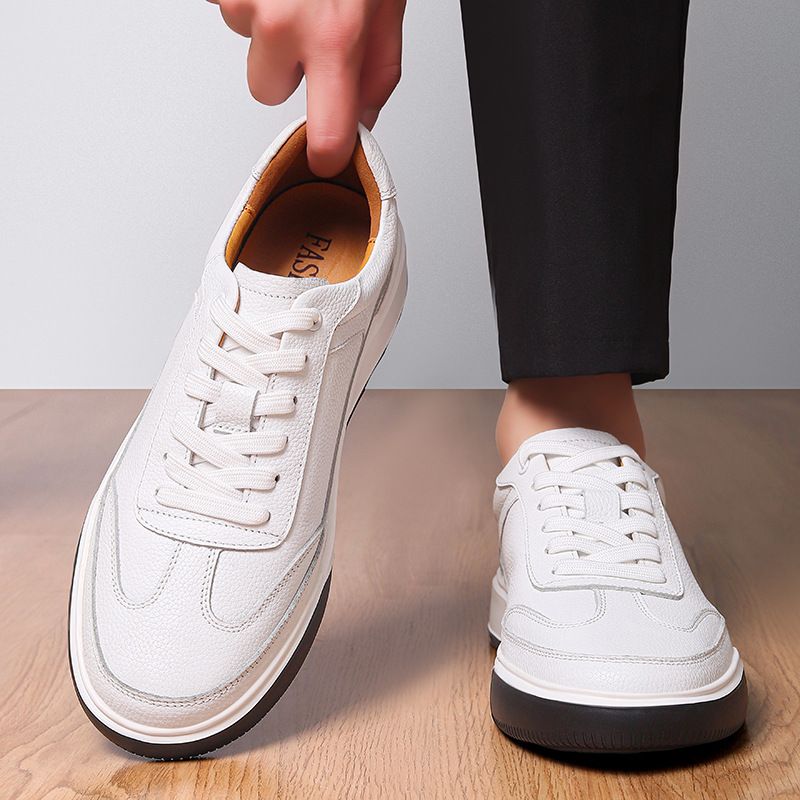 The First Layer Of Cowhide Leather Lace-up Men's Board Shoes Single Shoes Casual Four Breathable White Shoes Men_voghion.com