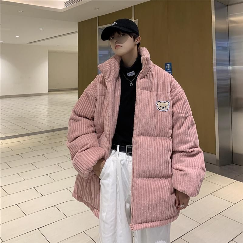 Corduroy cott men's new embroidered bear winter jacket with cotton thickening trend label, handsome couple_voghion.com