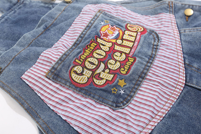 Abbigliamento da uomo Bretelle in denim con tasca cargo a righe patchwork con ricamo vintage per uomo e donna_voghion.com