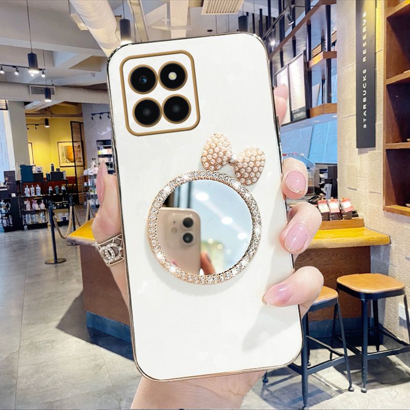 Custodia per telefono in stile ragazza per Honor X6a Plus con glitter e fiocco in pelle con specchio per il trucco_voghion.com
