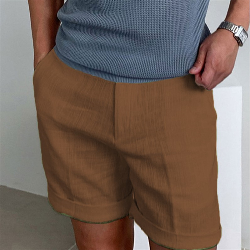 Herren-Shorts aus Leinen mit schrägen Taschen, einfarbig, bequem und atmungsaktiv, für den täglichen Gebrauch im Freien_voghion.com