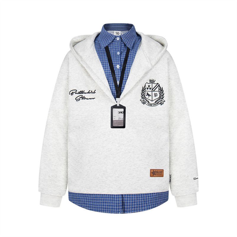 Felpa con cappuccio in due pezzi in stile college per uomo, camicia a quadri con colletto rovesciato e cappuccio, unica_voghion.com