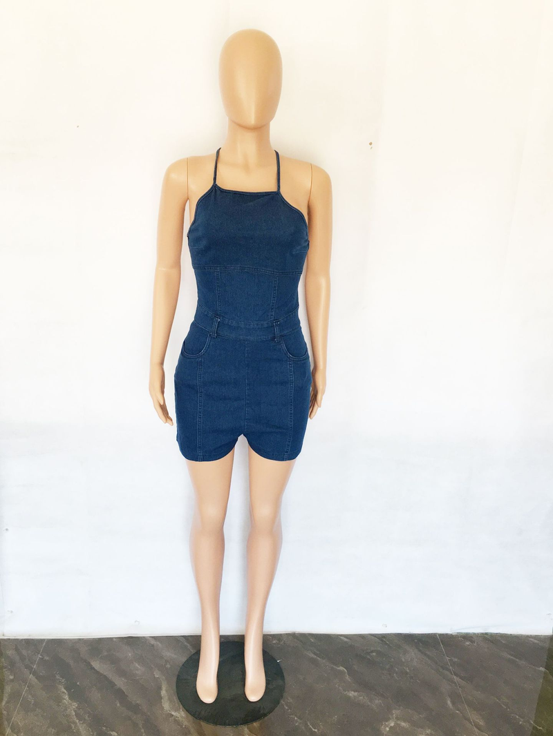 Salopetă slim fit din denim pentru femei, la modă, cu bandaje la spate fără bretele_voghion.com