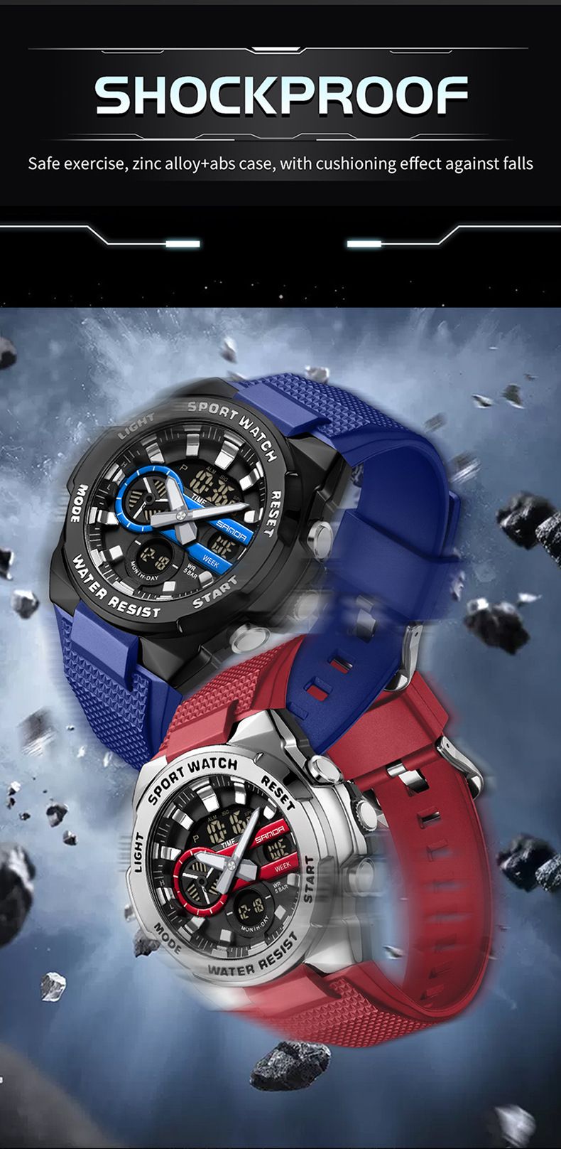 Montre analogique numérique multifonction, étanche, affichage lumineux, alarme et chronomètre pour étudiants et adolescents. Montre de sport lumineuse avec réveil._voghion.com