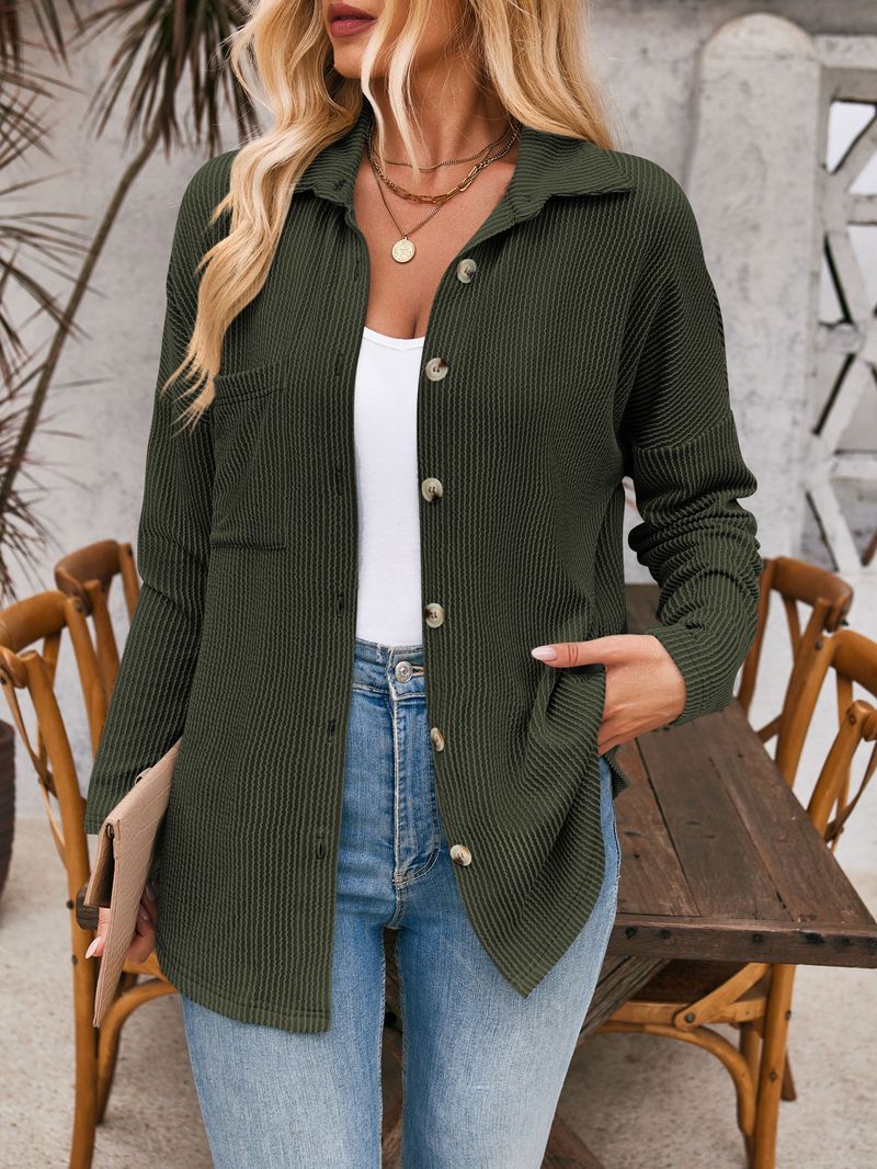 Damenbekleidung neue gestreifte Kontrastfarbe Tasche Langarm Shirt Strickjacke_voghion.com