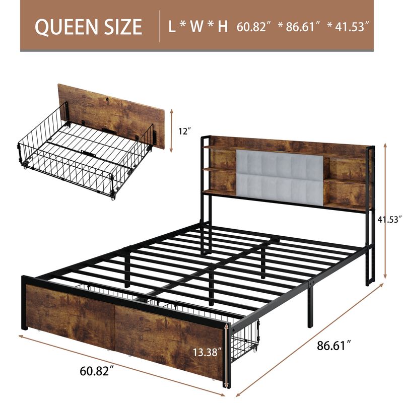 Queen Size Bed Frame With 2 Storage Drawers And LED Lights Headboard, Upholstered King Bed Frame With Charging Station, No Box Spring Needed, Easy Assembly_voghion.com