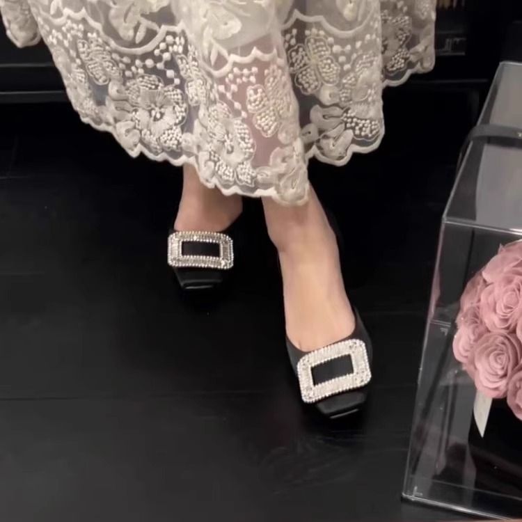 Sheepskin Version~French Style Elegant Satin Square Toe Rhinestone Sandals For Women 2025 Summer New Commuting Black_voghion.com