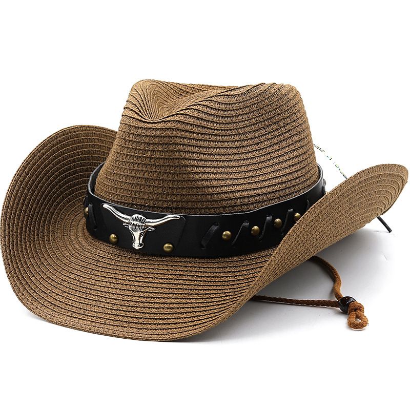 Neuer tibetischer Western-Cowboyhut im Bullenkopf-Gürtel, faltbarer Strohhut im ethnischen Stil_voghion.com