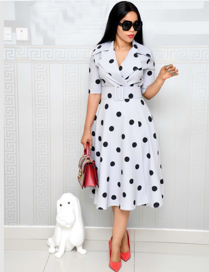 Damen Kostüm Kraang Polka Punkt Mëttärm Splicing Grouss Gréisst Grouss Saum Breet Rimm Kleed_voghion.com