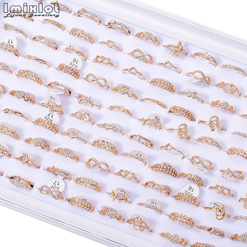 Vendite calde 10 pezzi Lotti all'ingrosso Moda Oro Colore Cristallo Strass Anelli di nozze Gioielli femminili #0201_voghion.com