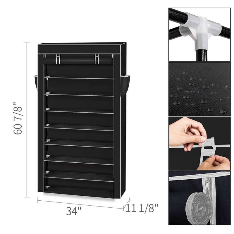 Étagère à chaussures à 10 niveaux, noire, anti-poussière, pour placard, rangement de chaussures_voghion.com