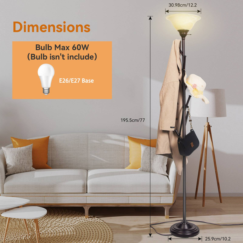 HonoDing Standing Tall Lamp With Standing Coat Rack Tree, Torchiere Floor Lamps With 6 Hooks, Coat Rack Lamp Special For Bedroom, Entryway, Corner_voghion.com