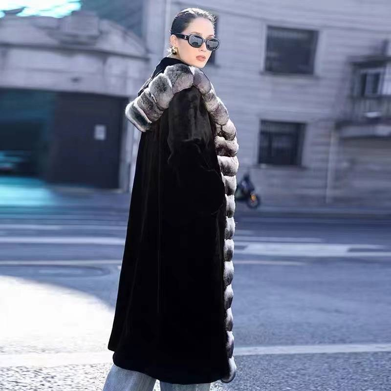 Langer Damen-Plüsch-Chinchilla-Kunstpelzmantel mit Schalkragen, elegante Winter-Trenchjacke für Übergrößen, Kunstpelzmäntel_voghion.com