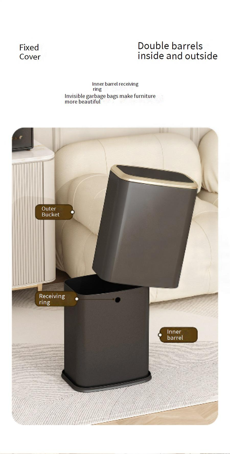 Leiser Mülleimer aus Edelstahl mit Schwingdeckel – 8 l/15 l, automatisch schließender Deckel, verstecktes Beuteldesign für Küche, Bad, Wohnzimmer und Schlafzimmer_voghion.com